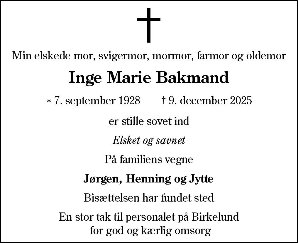 Dødsannonce for Inge Marie Bakmand