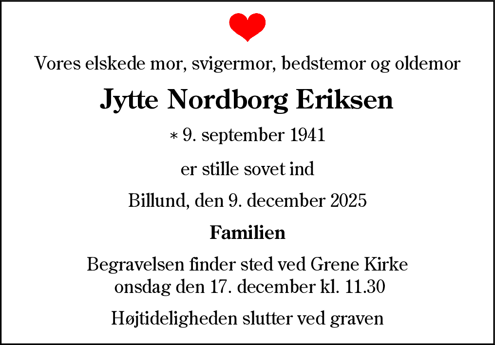 Dødsannonce for Jytte Nordborg Eriksen