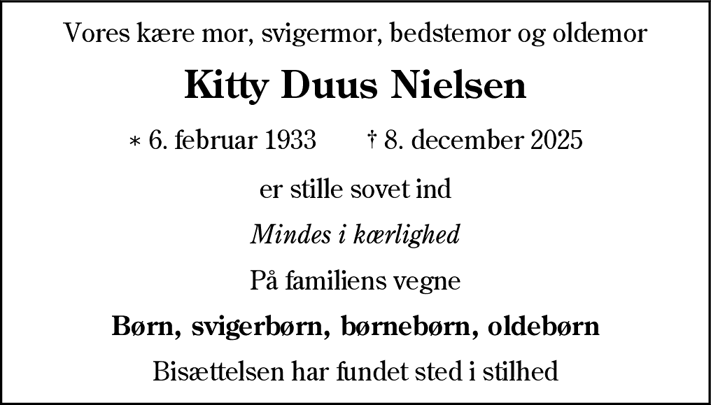 Dødsannonce for Kitty Duus Nielsen