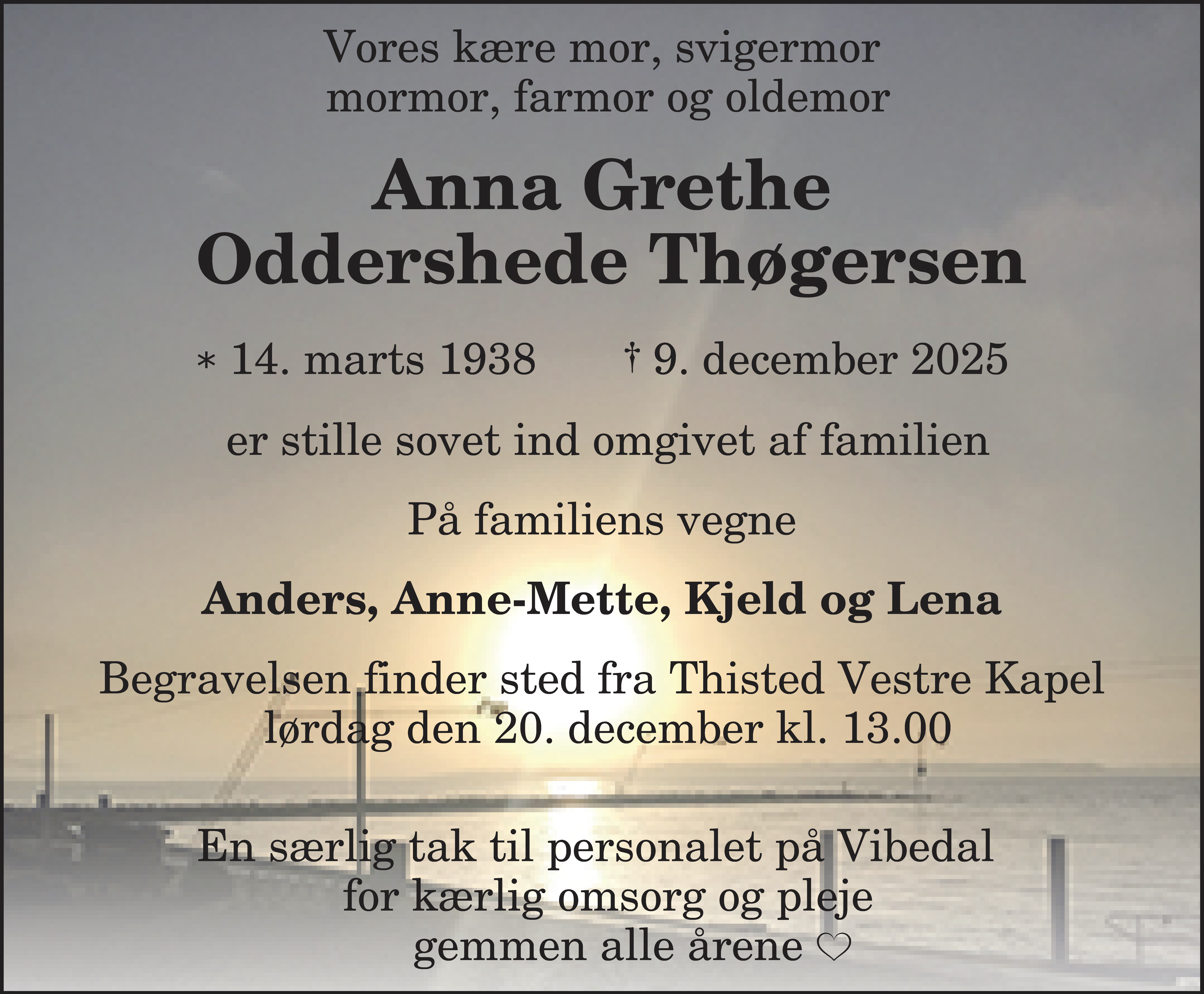 Dødsannonce for Anna Grethe Oddershede Thøgersen