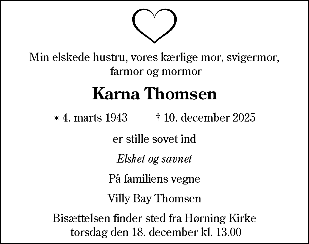 Dødsannonce for Karna Thomsen