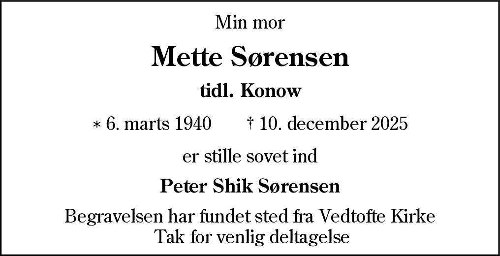 Dødsannonce for Mette Sørensen