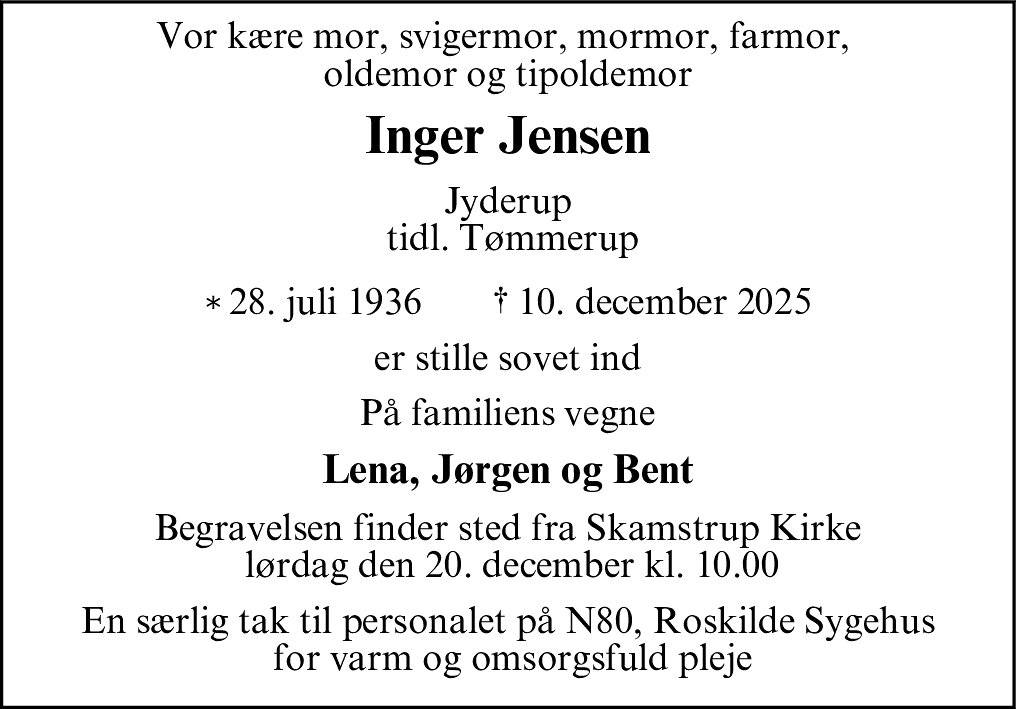 Dødsannonce for Inger Jensen