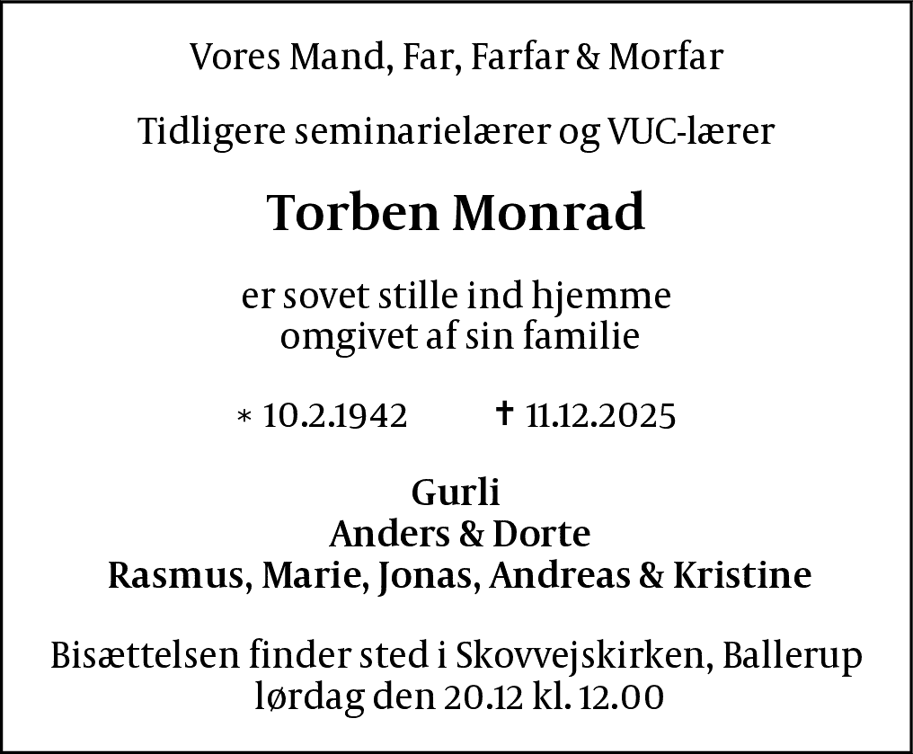 Dødsannonce for Torben Monrad