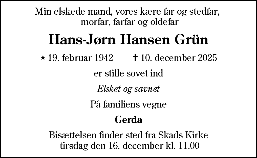 Dødsannonce for Hans-Jørn Hansen Grün
