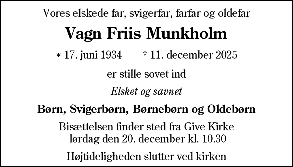 Dødsannonce for Vagn Friis Munkholm