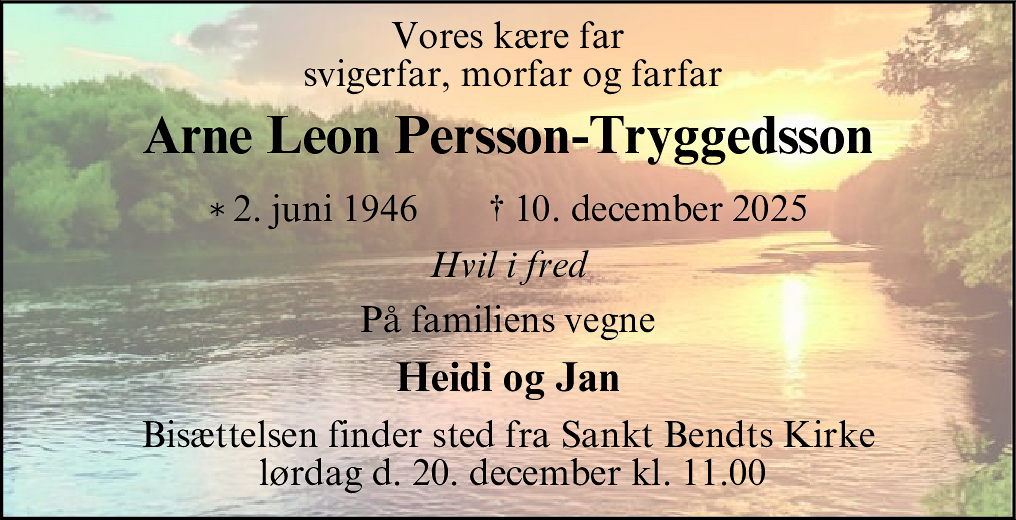 Dødsannonce for Arne Leon Persson-Tryggedsson