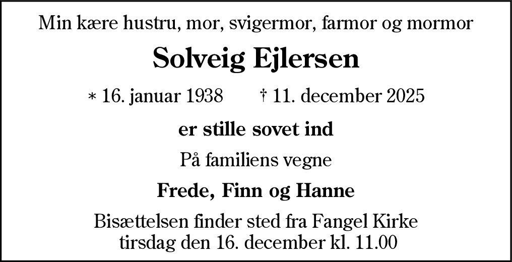 Dødsannonce for Solveig Ejlersen