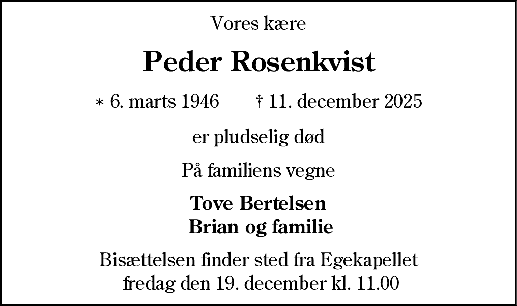 Dødsannonce for Peder Vestergaard Rosenkvist