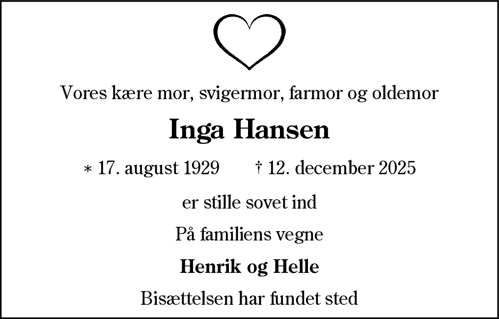 Dødsannonce for Inga Hansen