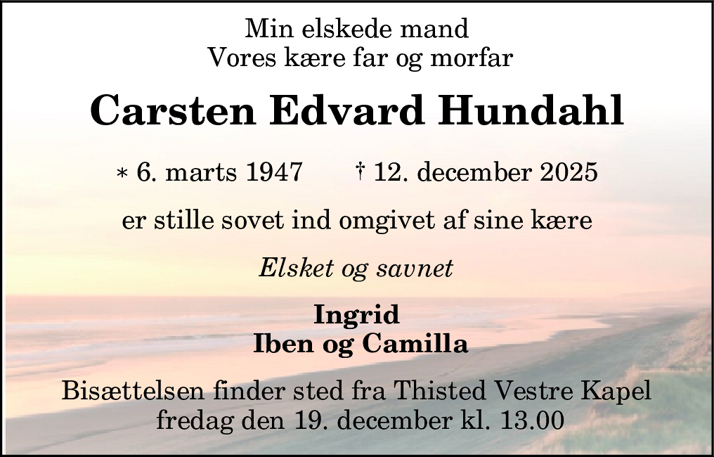 Dødsannonce for Carsten Edvard Hundahl