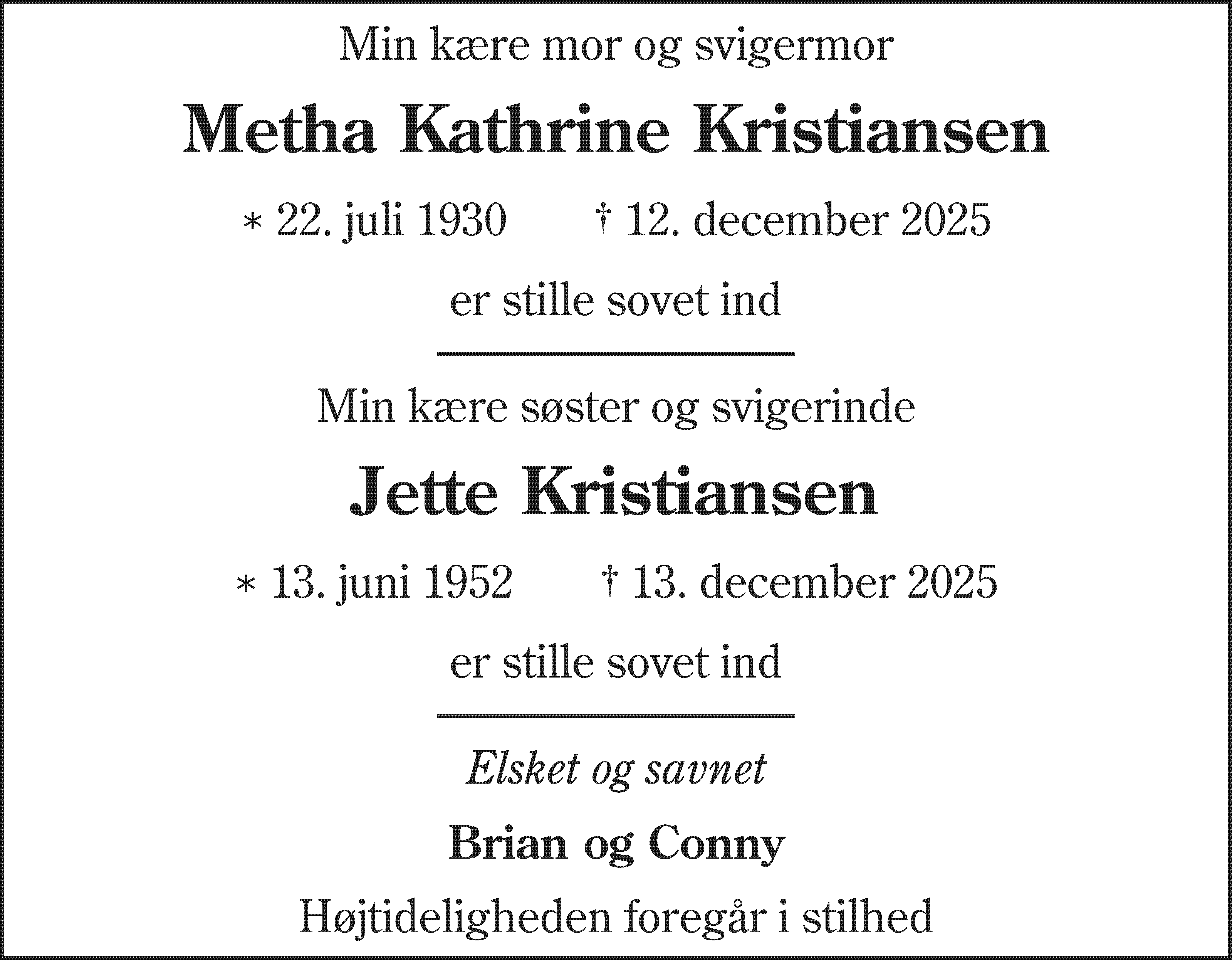 Dødsannonce for Metha Kathrine Kristiansen og Jette Kristiansen