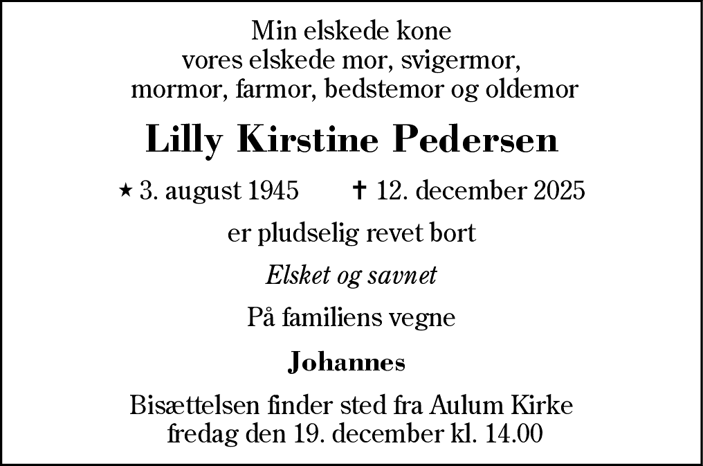 Dødsannonce for Lilly Kirstine Pedersen