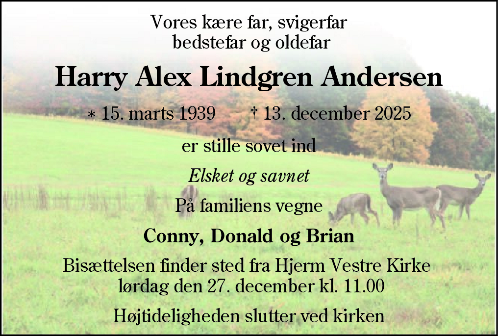 Dødsannonce for Harry Alex Lindgren Andersen