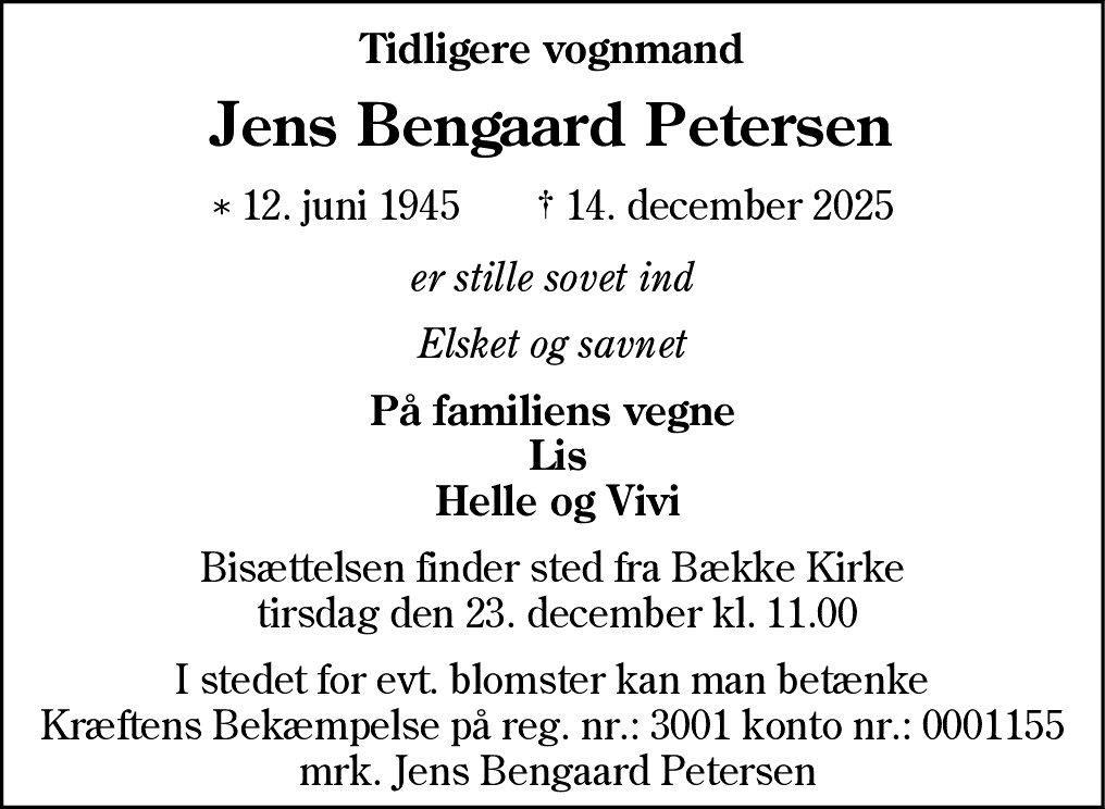 Dødsannonce for Jens Bengaard Petersen
