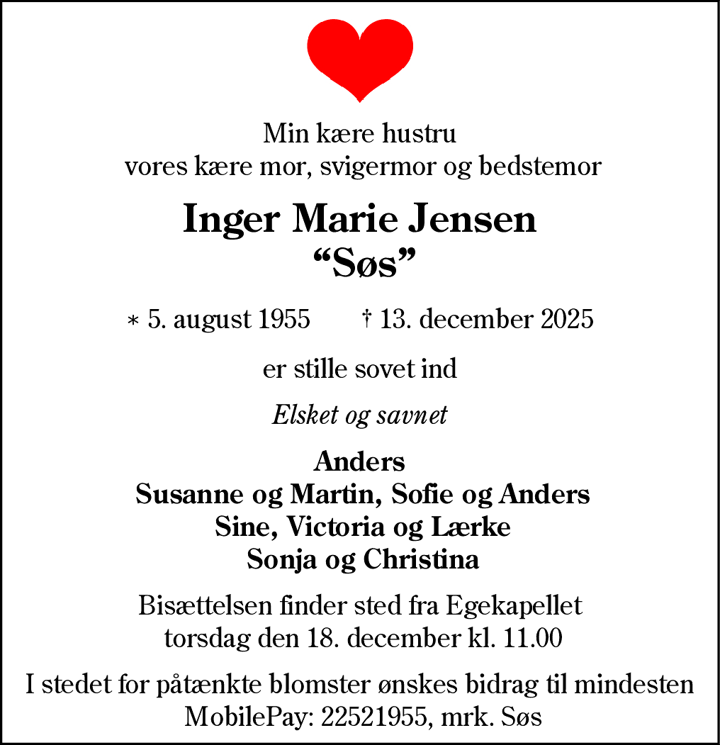 Dødsannonce for Inger Marie Jensen