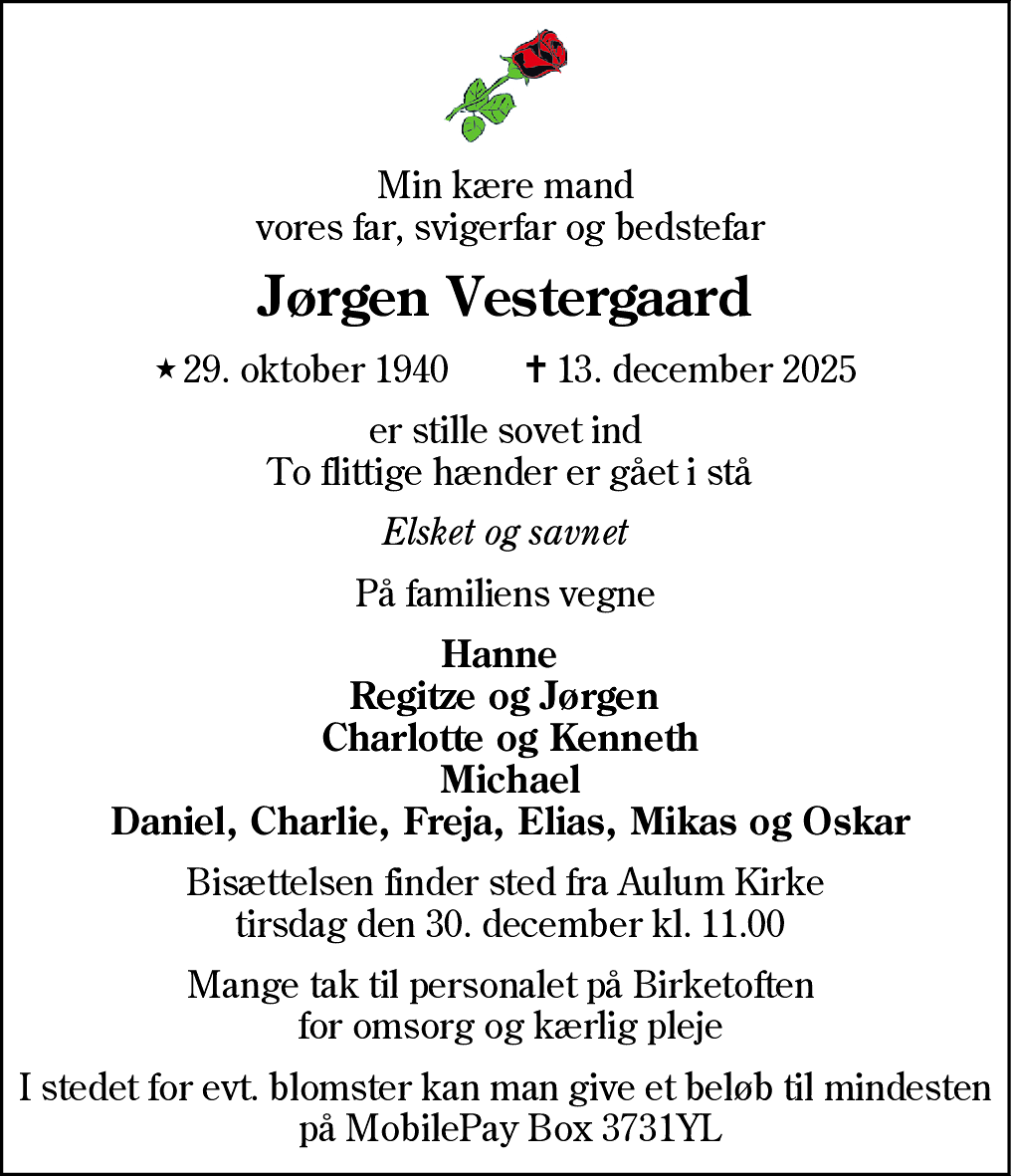 Dødsannonce for Esper Jørgen Vestergaard