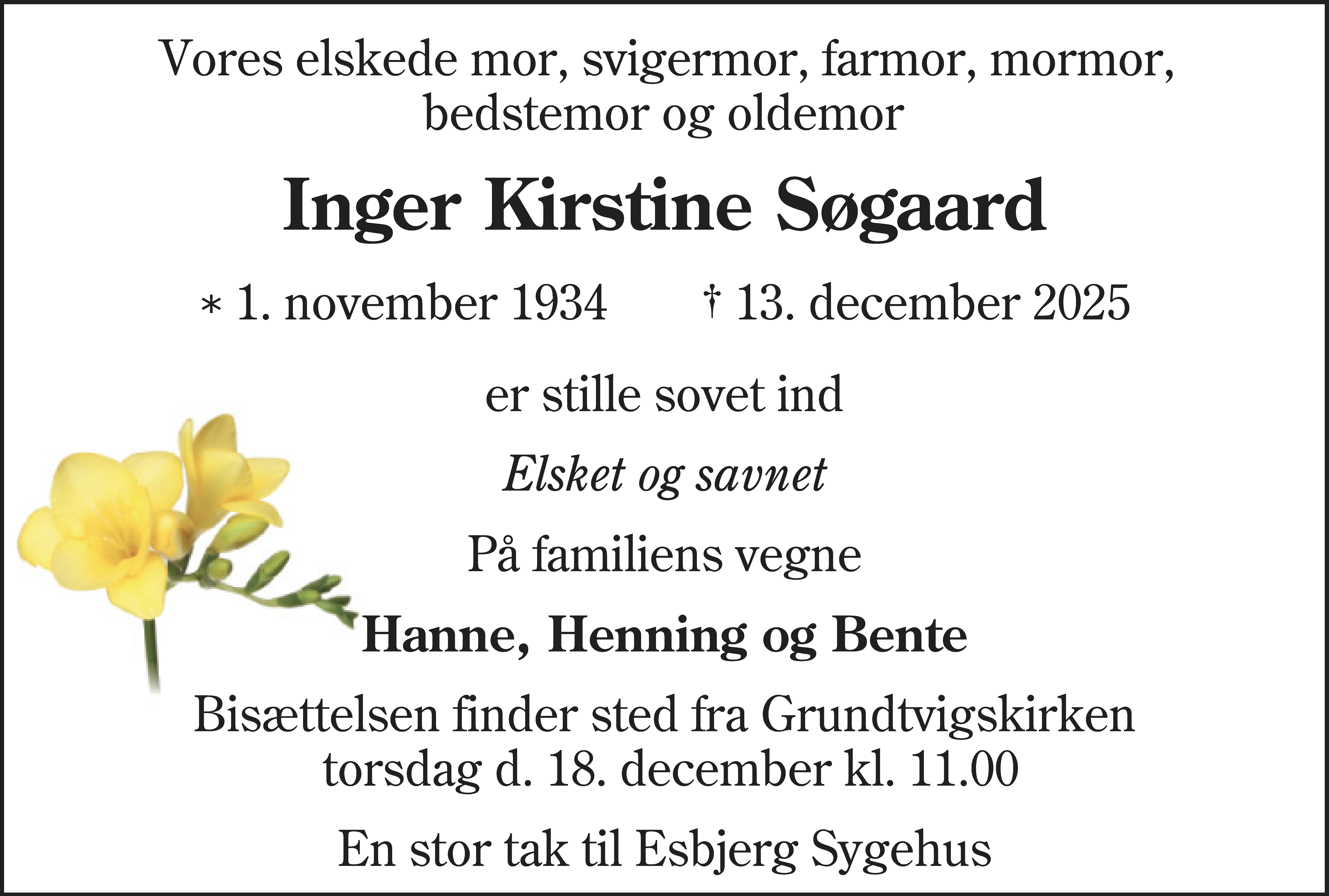 Dødsannonce for Inger Kirstine Søgaard