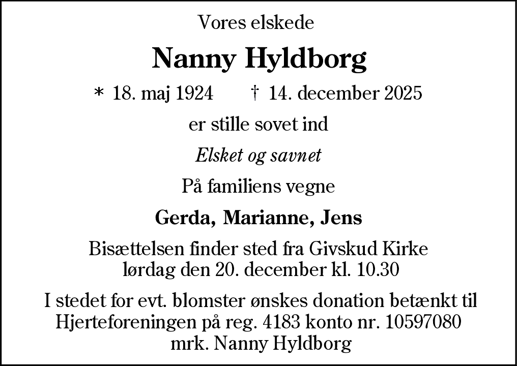 Dødsannonce for Nanny Hyldborg