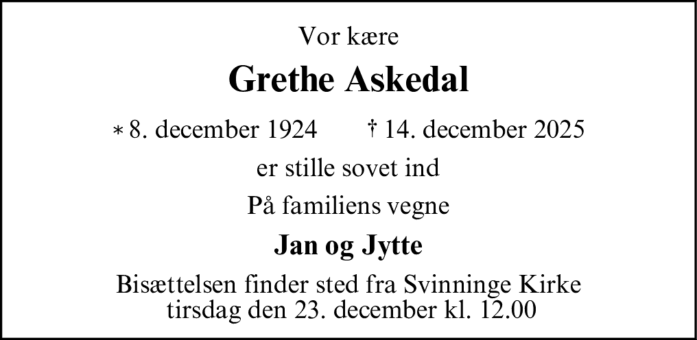 Dødsannonce for Asta Grethe Askedal