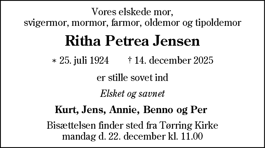 Dødsannonce for Ritha Petrea Jensen