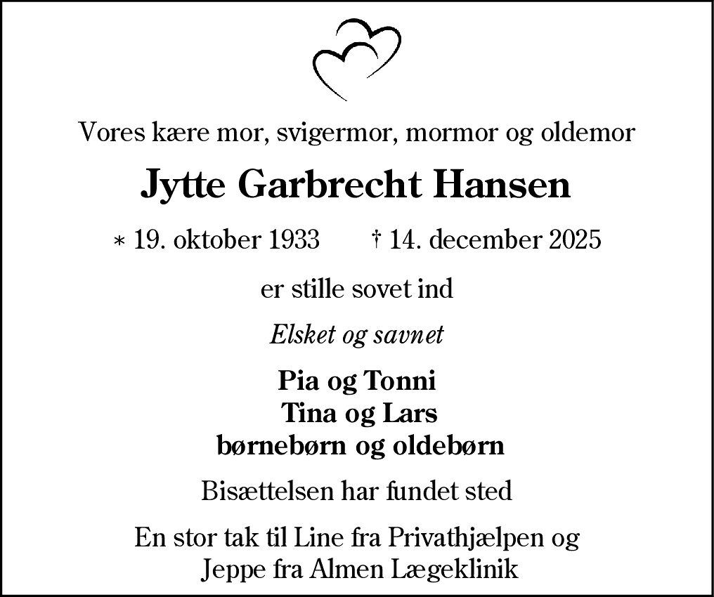 Dødsannonce for Jytte Hansen
