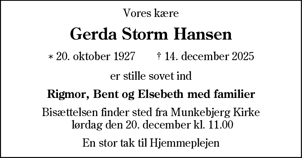 Dødsannonce for Gerda Storm Hansen