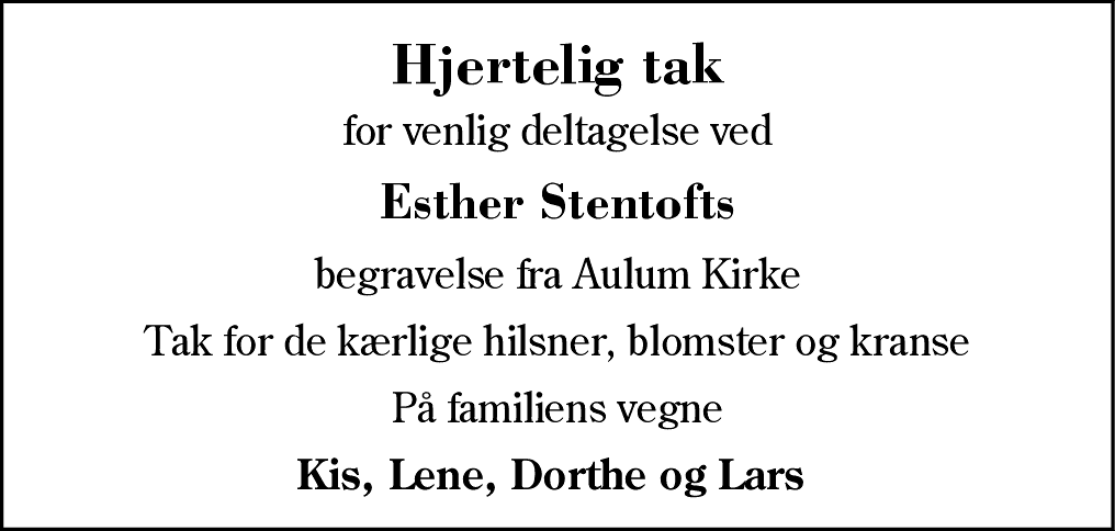 Dødsannonce for Ester Kirstine Stentoft