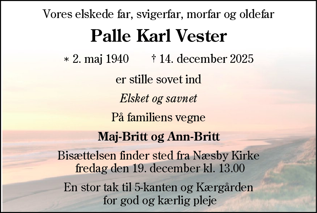 Dødsannonce for Palle Karl Vester