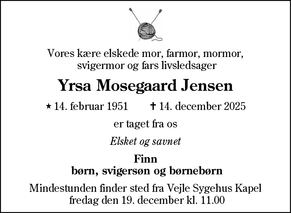 Dødsannonce for Yrsa Mosegaard Jensen