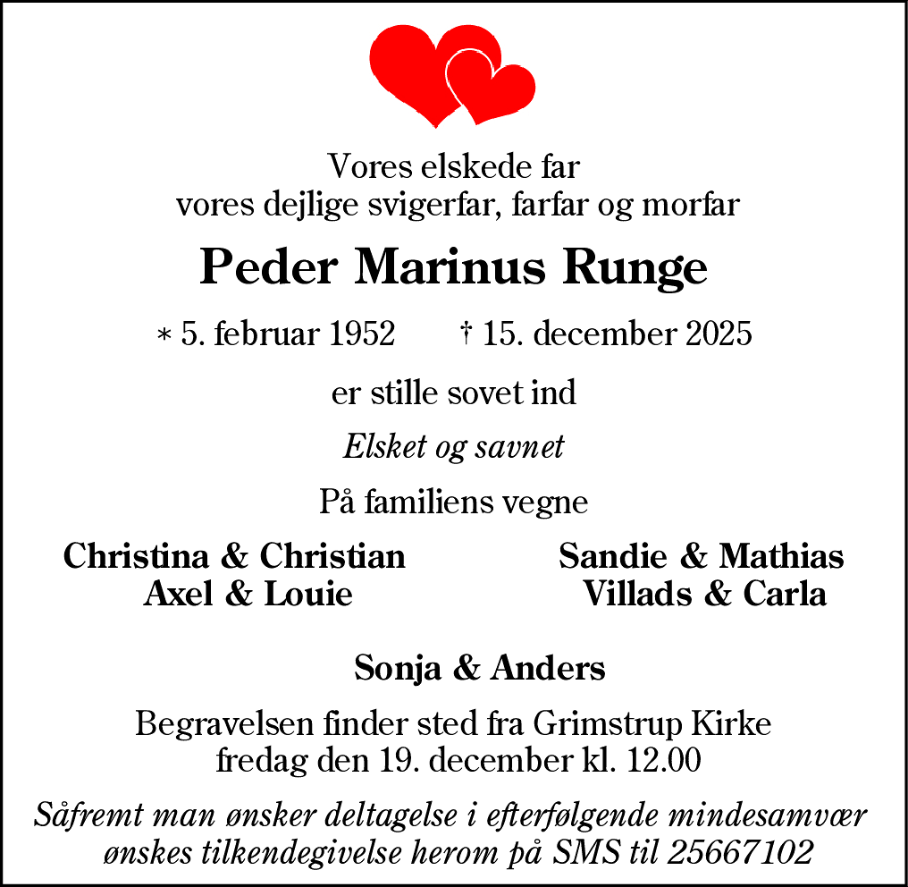 Dødsannonce for Peder Marinus Runge