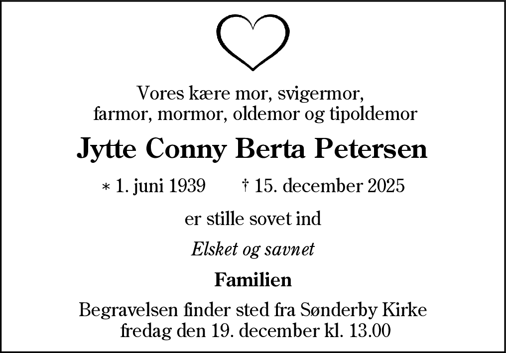 Dødsannonce for Jytte Conny Berta Petersen