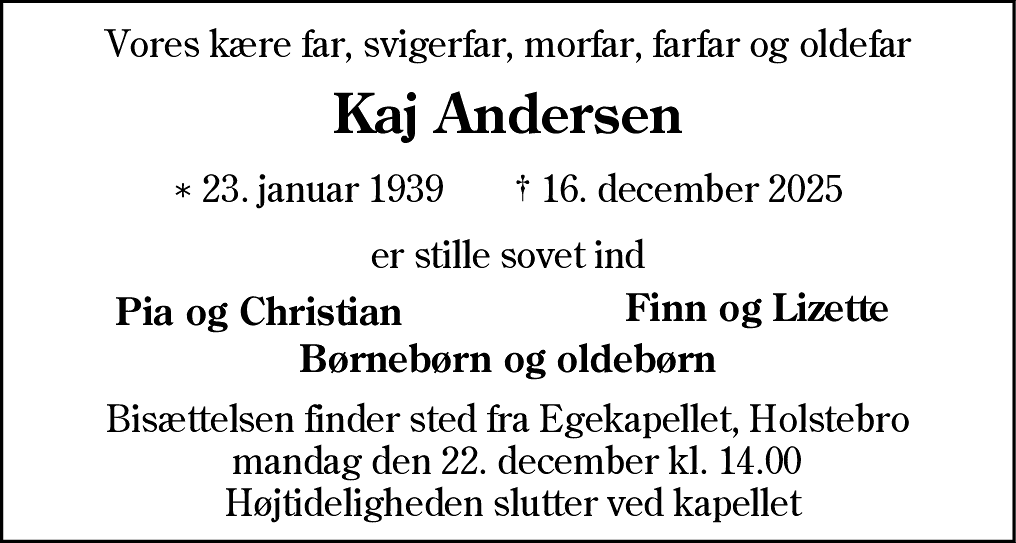 Dødsannonce for Kaj Andersen