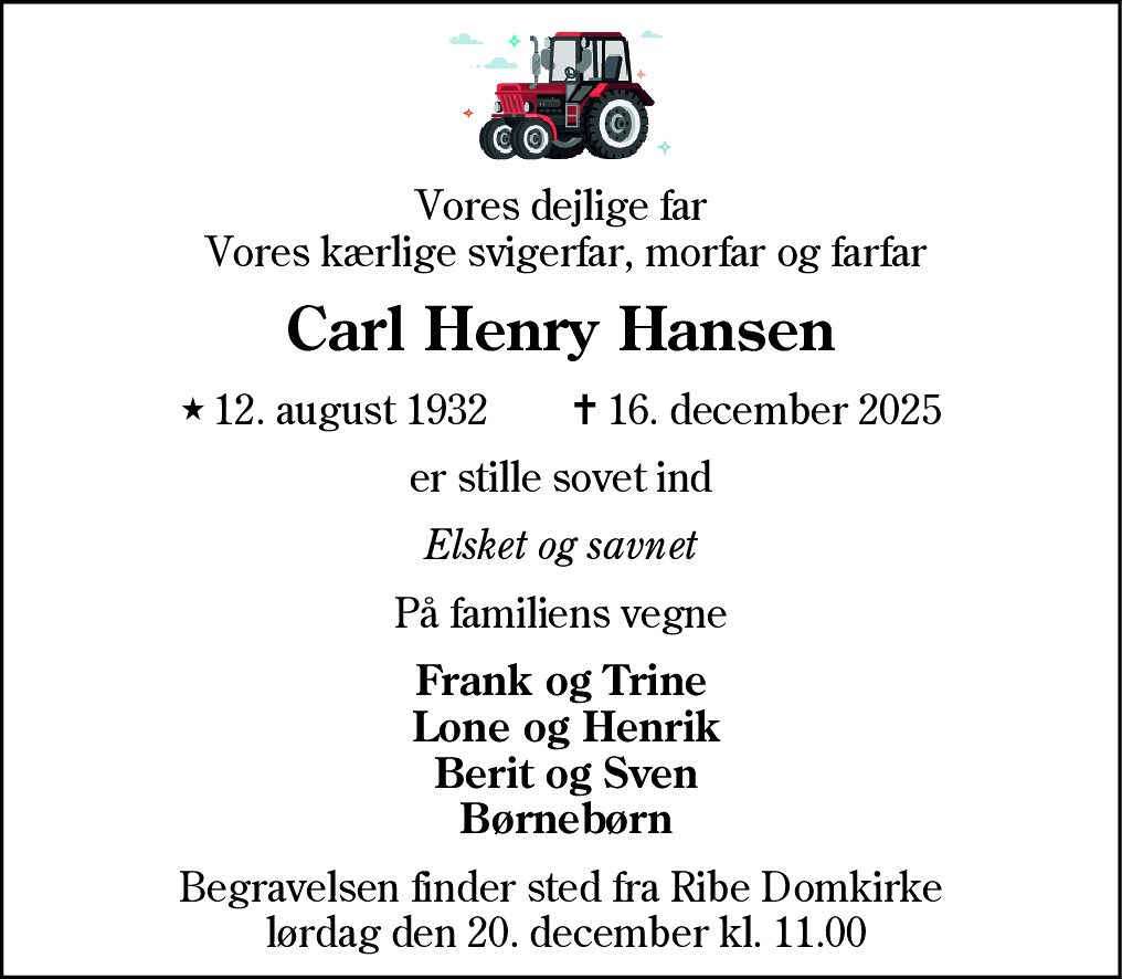 Dødsannonce for Carl Henry Hansen