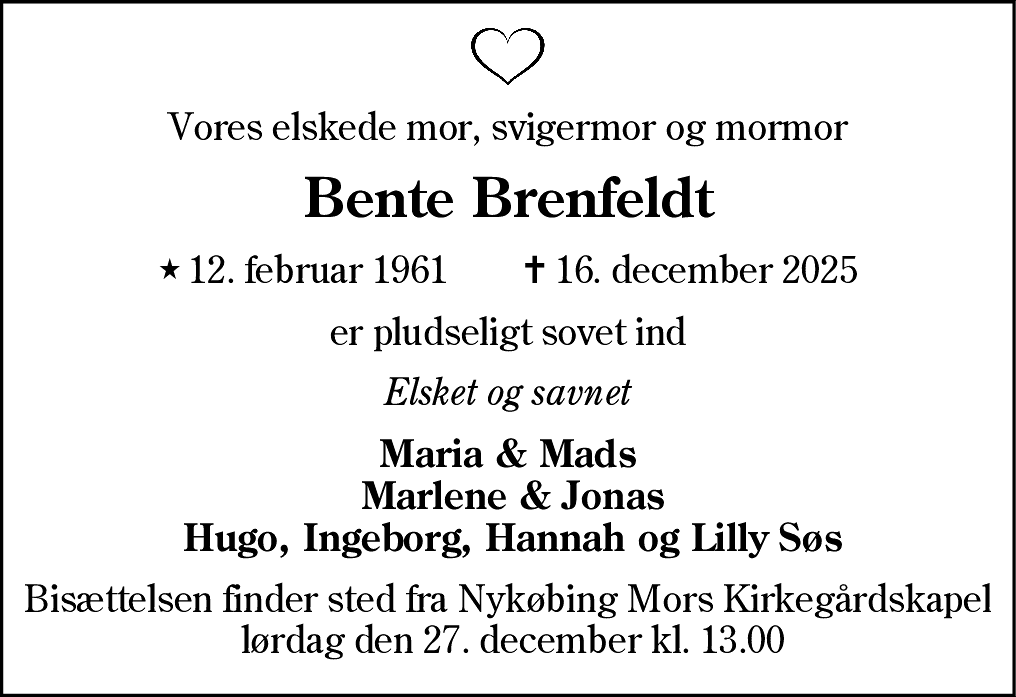 Dødsannonce for Bente Brenfeldt