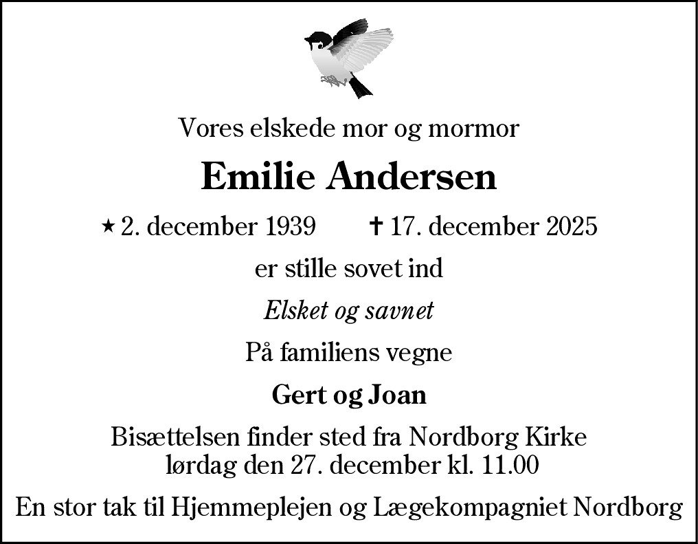 Dødsannonce for Emilie Andersen