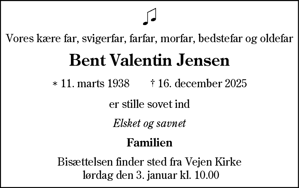 Dødsannonce for Bent Valentin Jensen