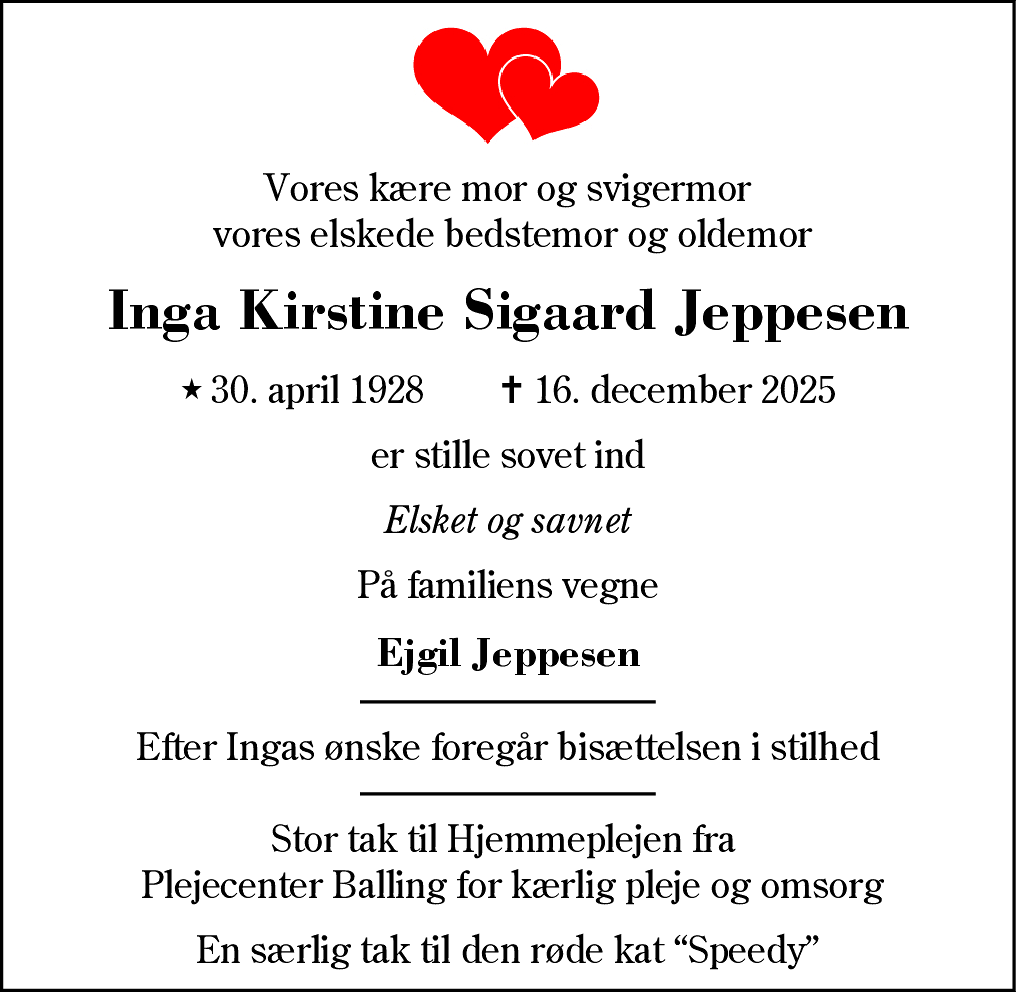 Dødsannonce for Inga Kirstine Sigaard Jeppesen