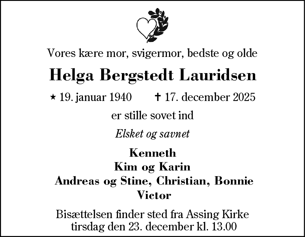 Dødsannonce for Helga Bergstedt Lauridsen
