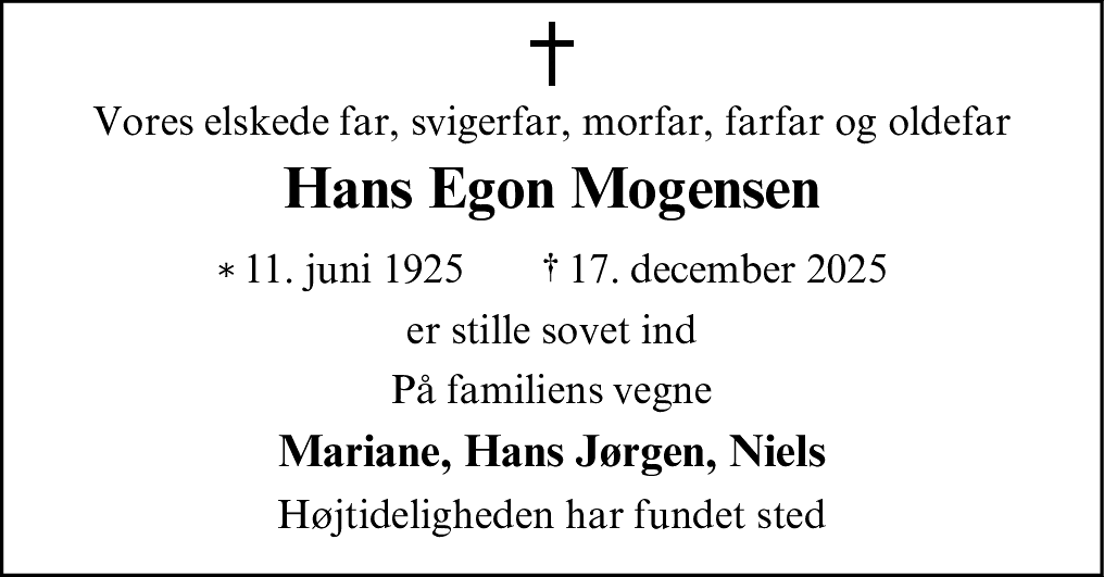 Dødsannonce for Hans Egon Mogensen