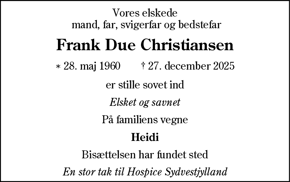Dødsannonce for Frank Due  Christiansen