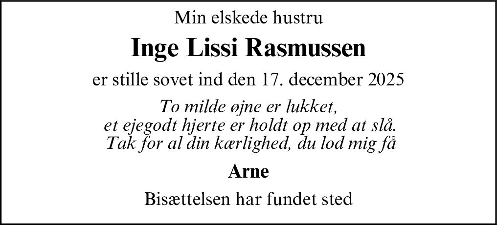 Dødsannonce for Inge Lissi Rasmussen