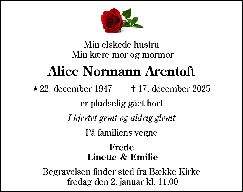 Dødsannonce for Alice Normann Arentoft