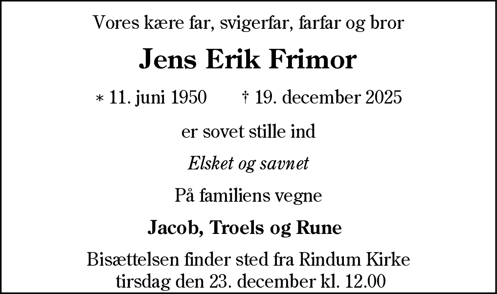 Dødsannonce for Jens Erik Frimor