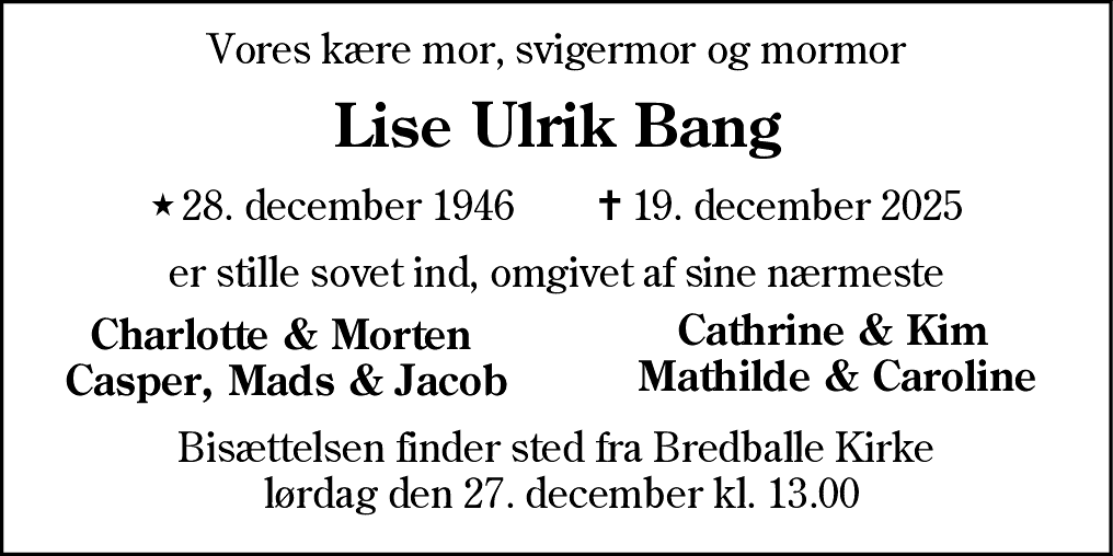 Dødsannonce for Lise Ulrik Bang