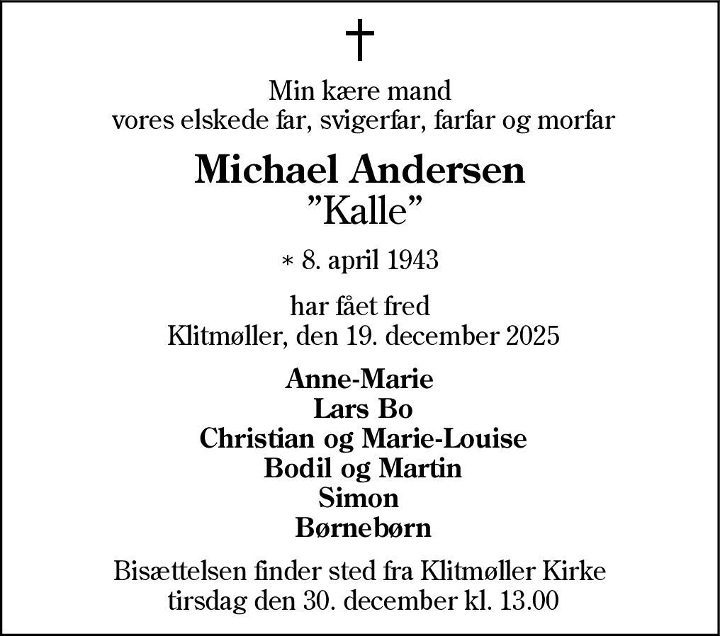 Dødsannonce for Michael Andersen