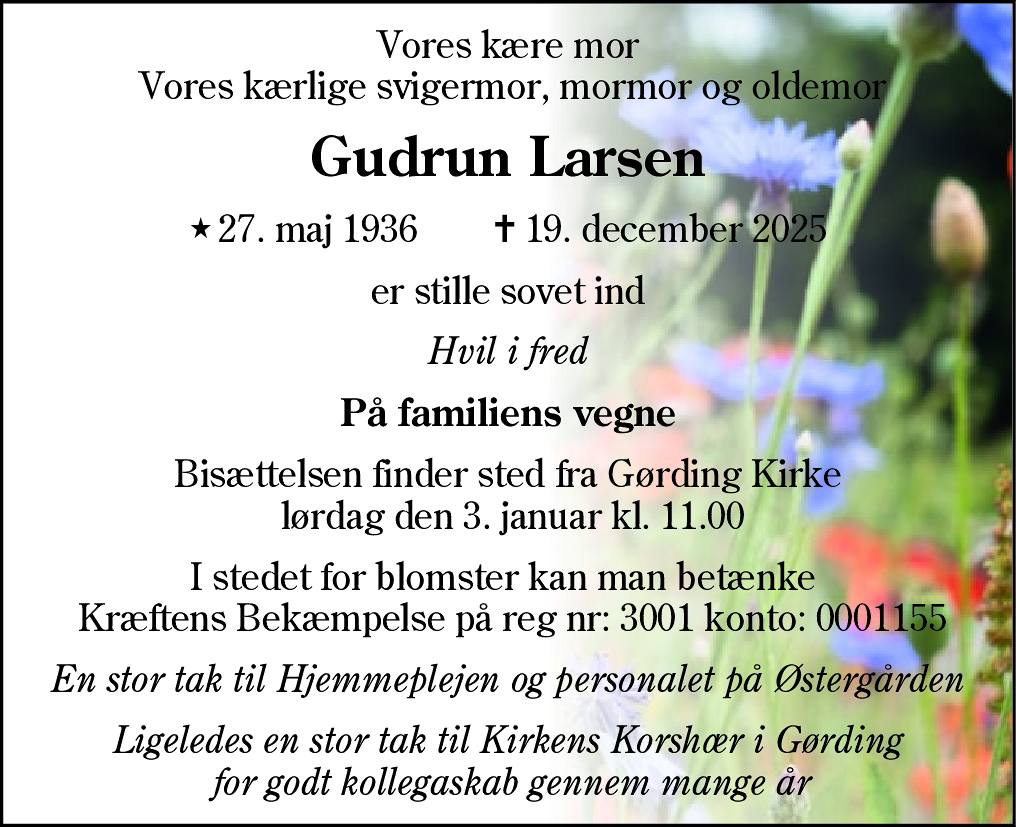 Dødsannonce for Gudrun Larsen