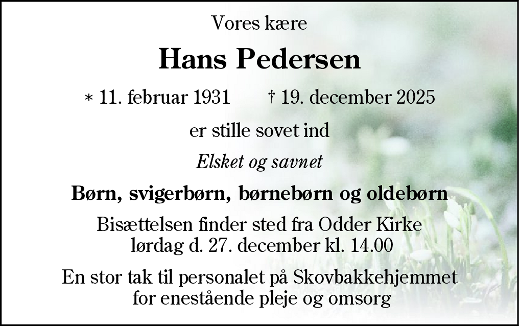 Dødsannonce for Hans Pedersen