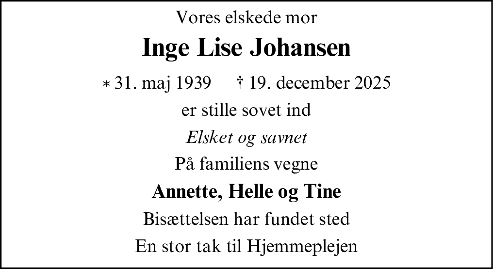 Dødsannonce for Inge Lise Johansen