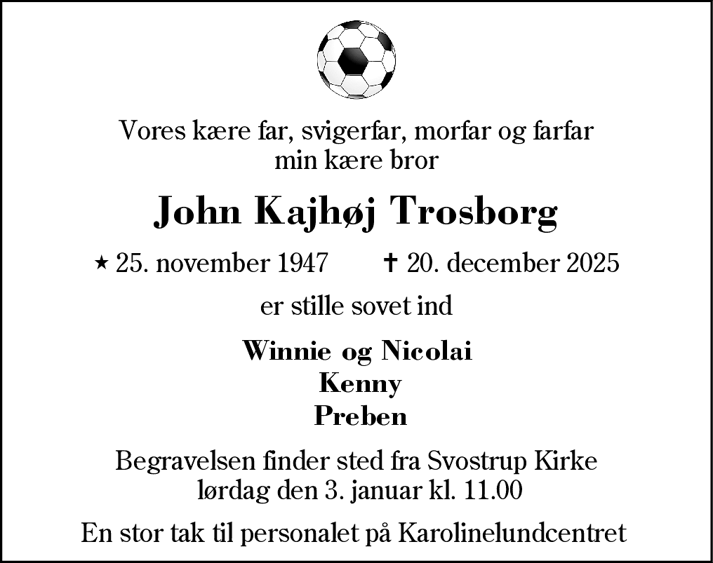 Dødsannonce for John Kajhøj Trosborg